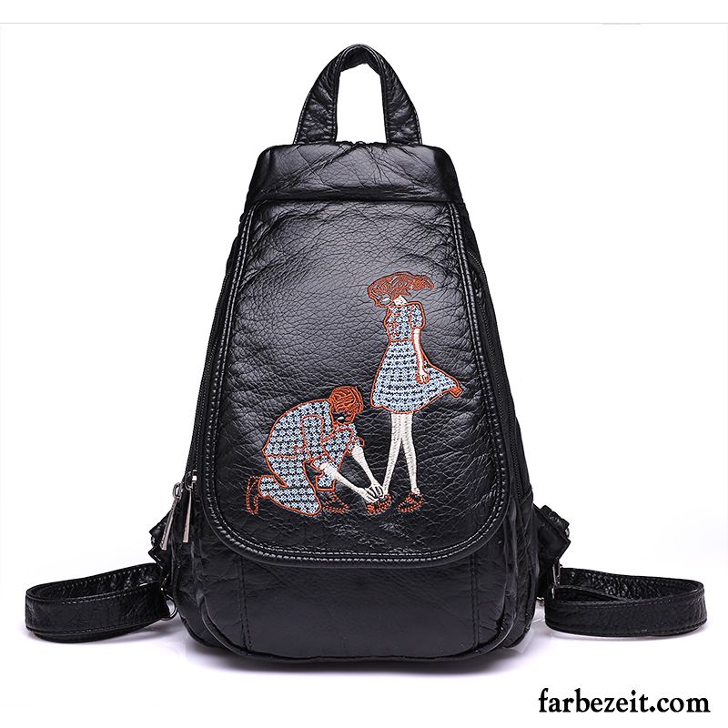 Rucksäcke Damen All Match Rucksack Stickerei Freizeit Gewaschen Mode Schwarz