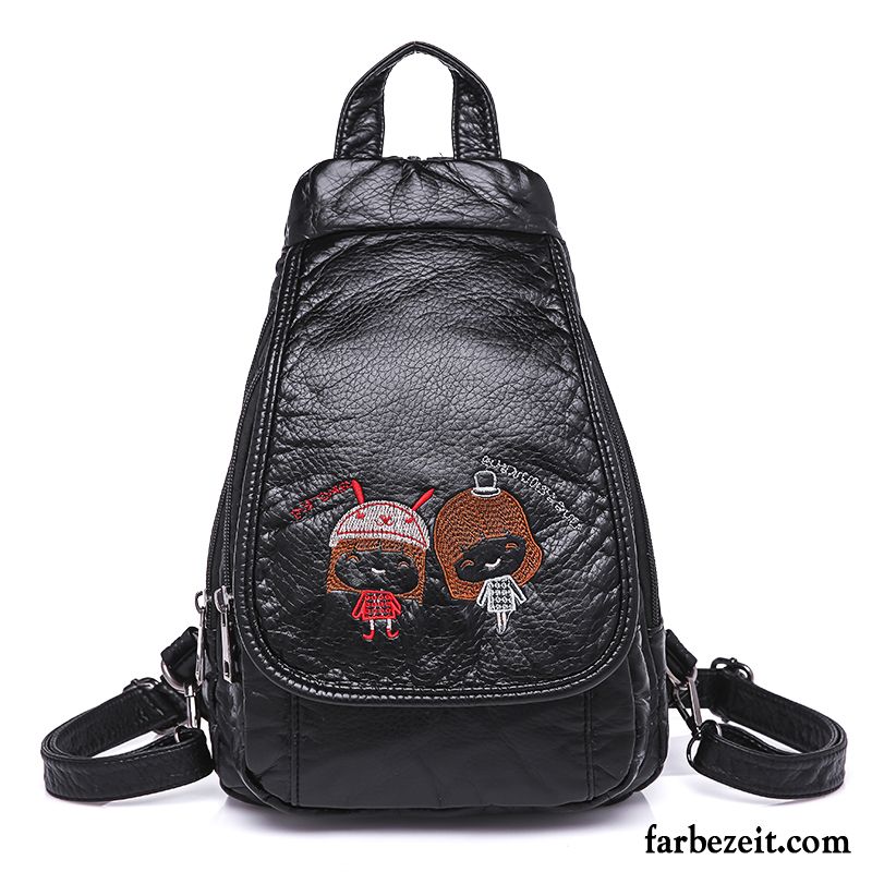 Rucksäcke Damen All Match Rucksack Stickerei Freizeit Gewaschen Mode Schwarz