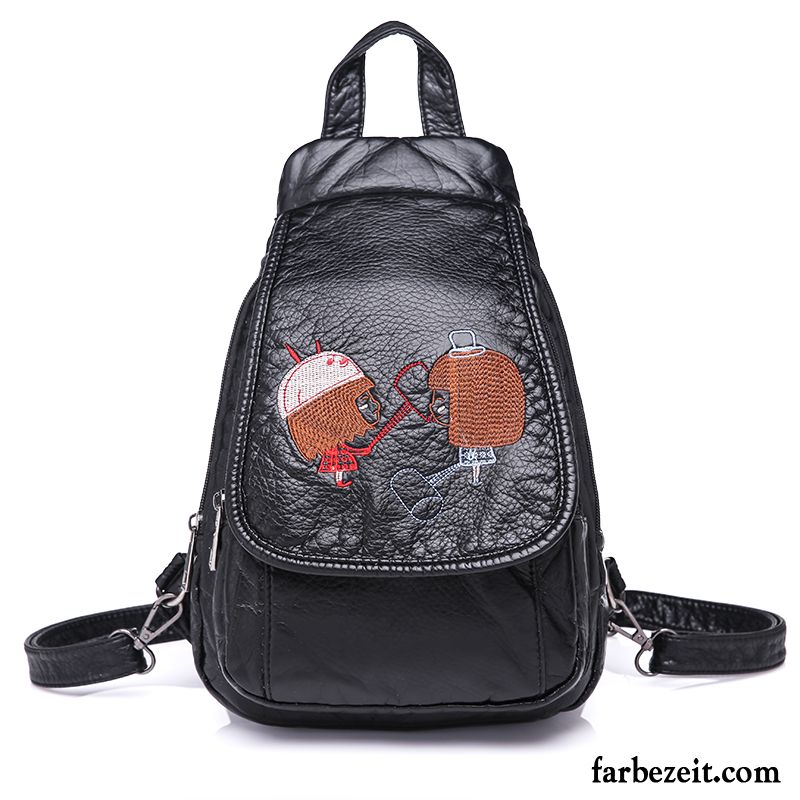 Rucksäcke Damen All Match Rucksack Stickerei Freizeit Gewaschen Mode Schwarz