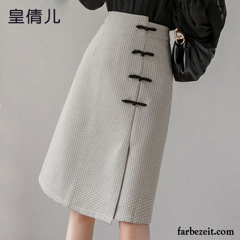 Röcke Damen Herbst Feder Hohe Taille Gitter Schlauchrock Mode Grau