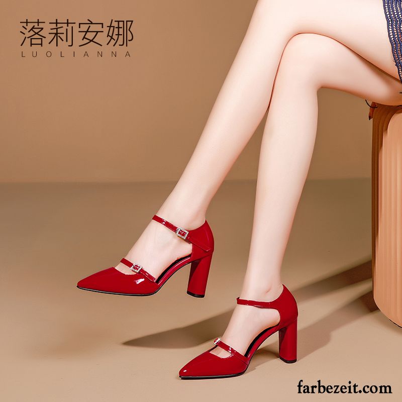 Sandalen Damen Alle Jahreszeiten Spitze Pumps Neue Lackleder Dick Rosa Rot