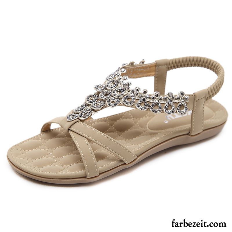 Sandalen Damen Allgleiches Strasssteine Neue Flache Sommer Weiche Sohle Sandfarben Schwarz Beige