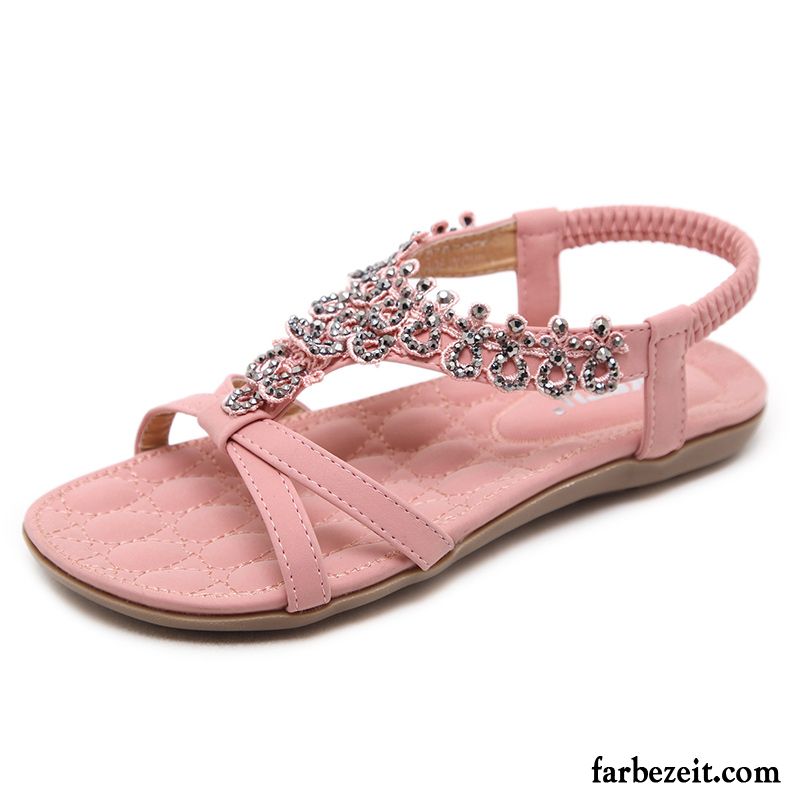 Sandalen Damen Allgleiches Strasssteine Neue Flache Sommer Weiche Sohle Sandfarben Schwarz Beige