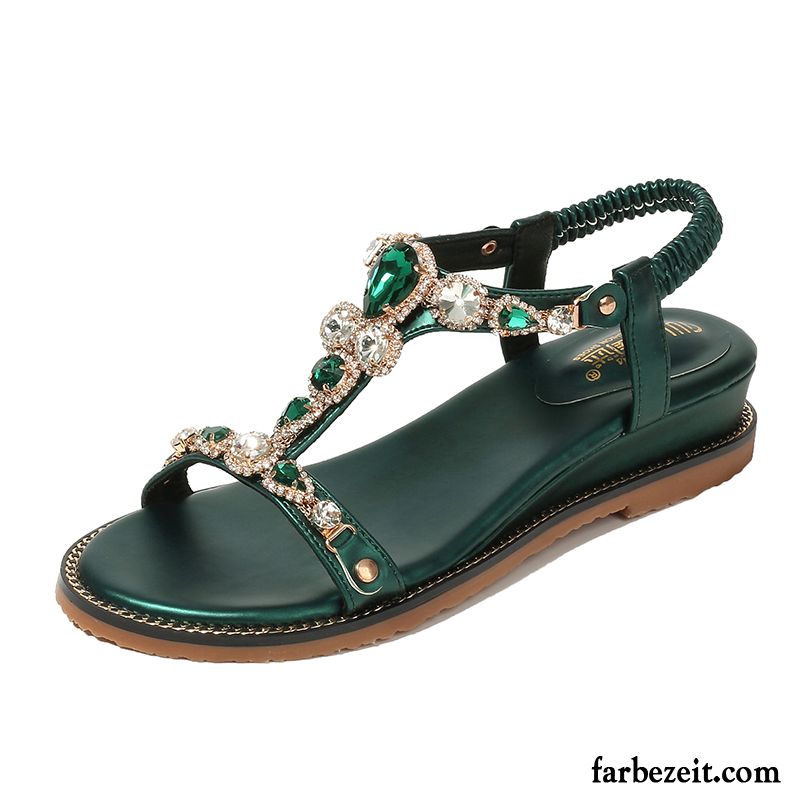 Sandalen Damen Rutschsicher Neue Schuhe Trend Strasssteine Flache Grün