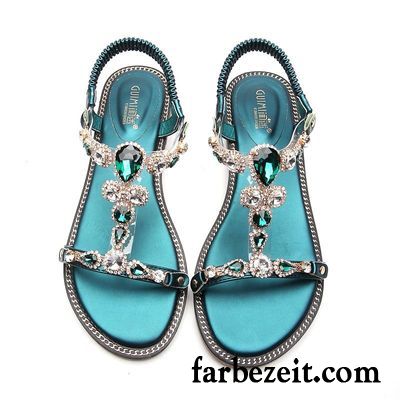 Sandalen Damen Rutschsicher Neue Schuhe Trend Strasssteine Flache Grün