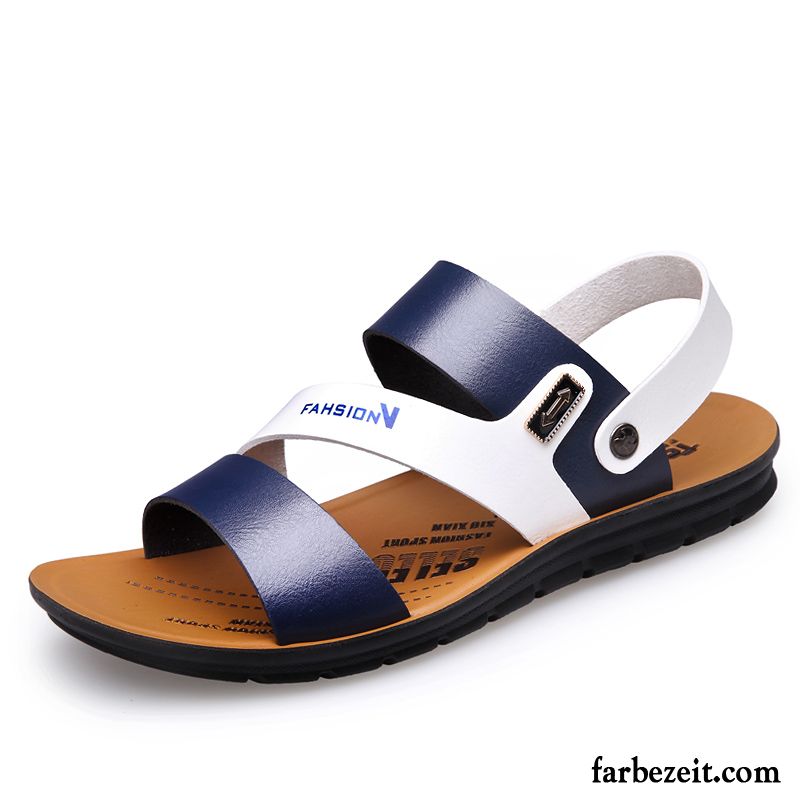 Sandalen Herren Echtleder Casual Gemütlich Weiche Sohle Sommer Rutschsicher Sandfarben Blau