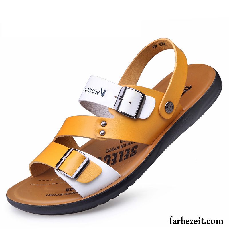 Sandalen Herren Echtleder Casual Gemütlich Weiche Sohle Sommer Rutschsicher Sandfarben Blau