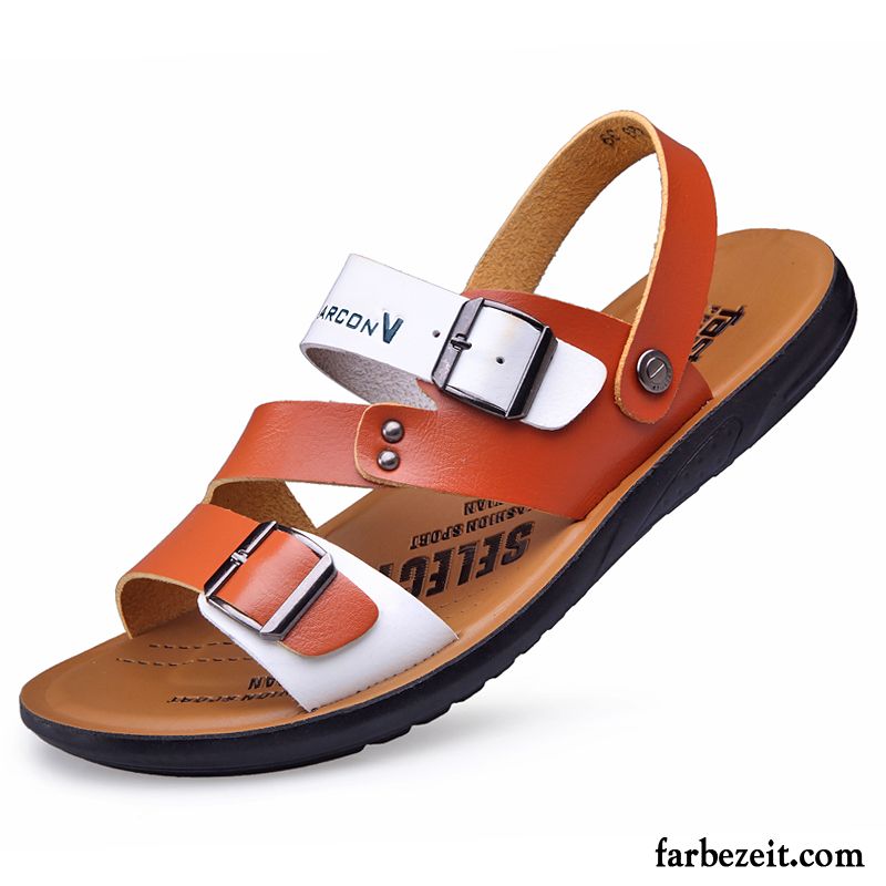 Sandalen Herren Echtleder Casual Gemütlich Weiche Sohle Sommer Rutschsicher Sandfarben Blau