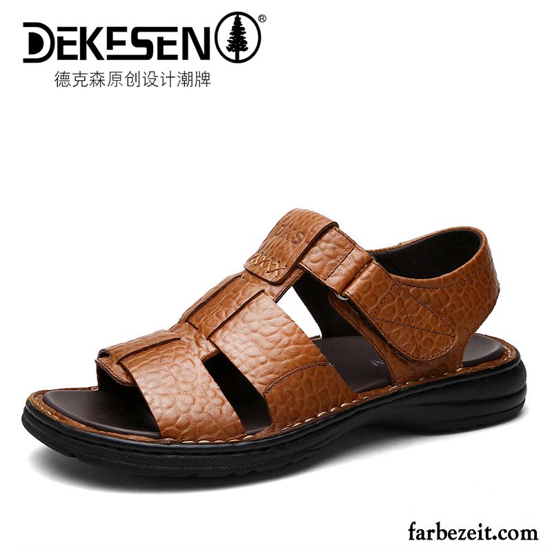 Sandalen Herren Geschäft Echtleder Casual Sommer Schuhe Trend Sandfarben Braun