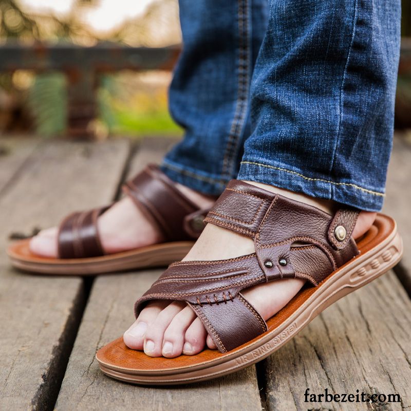 Sandalen Herren Hausschuhe Rutschsicher Trend Sommer Echtleder Lederschue Sandfarben Braun Dunkel