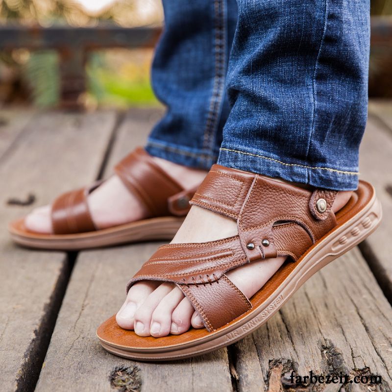 Sandalen Herren Hausschuhe Rutschsicher Trend Sommer Echtleder Lederschue Sandfarben Braun Dunkel