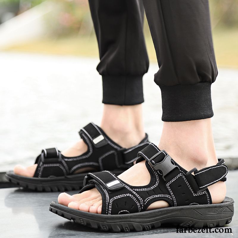 Sandalen Herren Neue Draussen Große Größe Sommer Echtleder Casual Schwarz