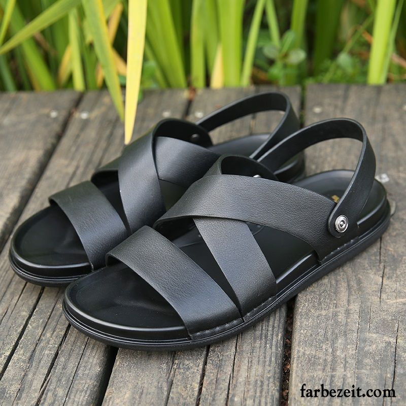 Sandalen Herren Neue Echtleder Sommer Trend Weiche Sohle Casual Sandfarben Schwarz