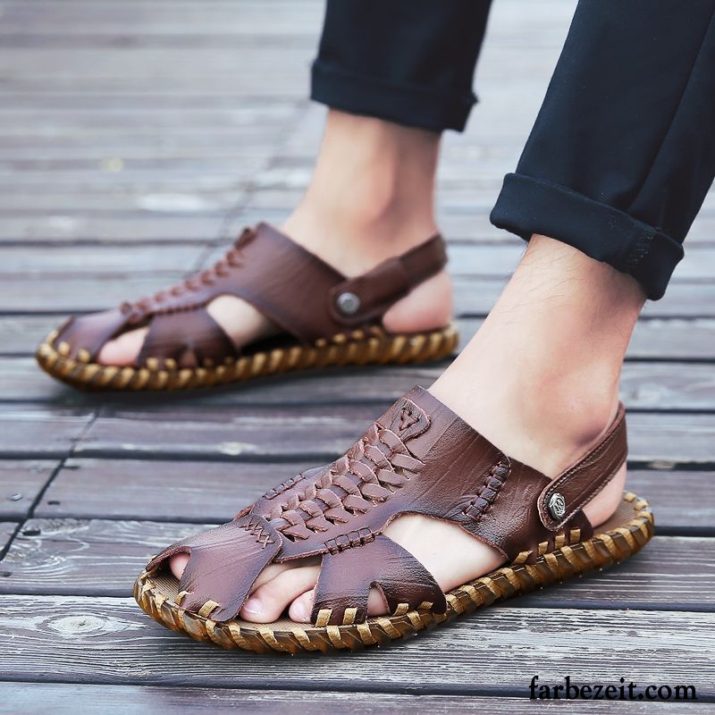 Sandalen Herren Neue Sommer Hohl Echtleder Atmungsaktiv Persönlichkeit Sandfarben Braun