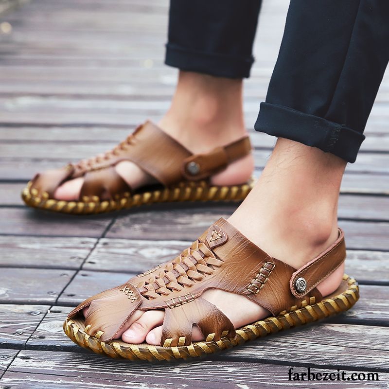 Sandalen Herren Neue Sommer Hohl Echtleder Atmungsaktiv Persönlichkeit Sandfarben Braun