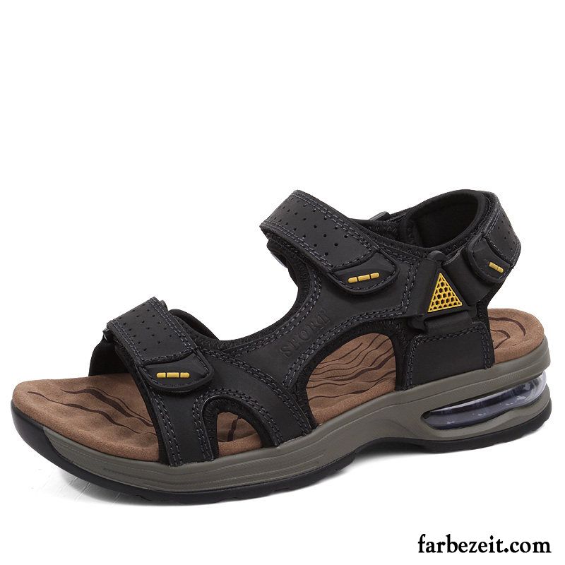 Sandalen Herren Neue Sommer Leder Weiche Sohle Oberleder Erhöht Sandfarben Braun