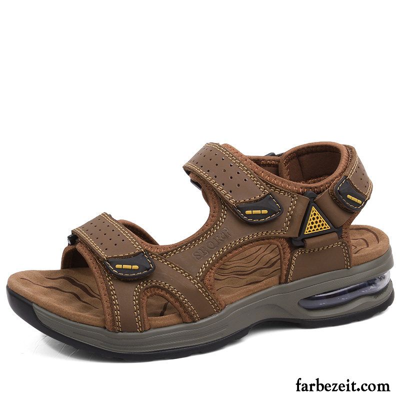 Sandalen Herren Neue Sommer Leder Weiche Sohle Oberleder Erhöht Sandfarben Braun