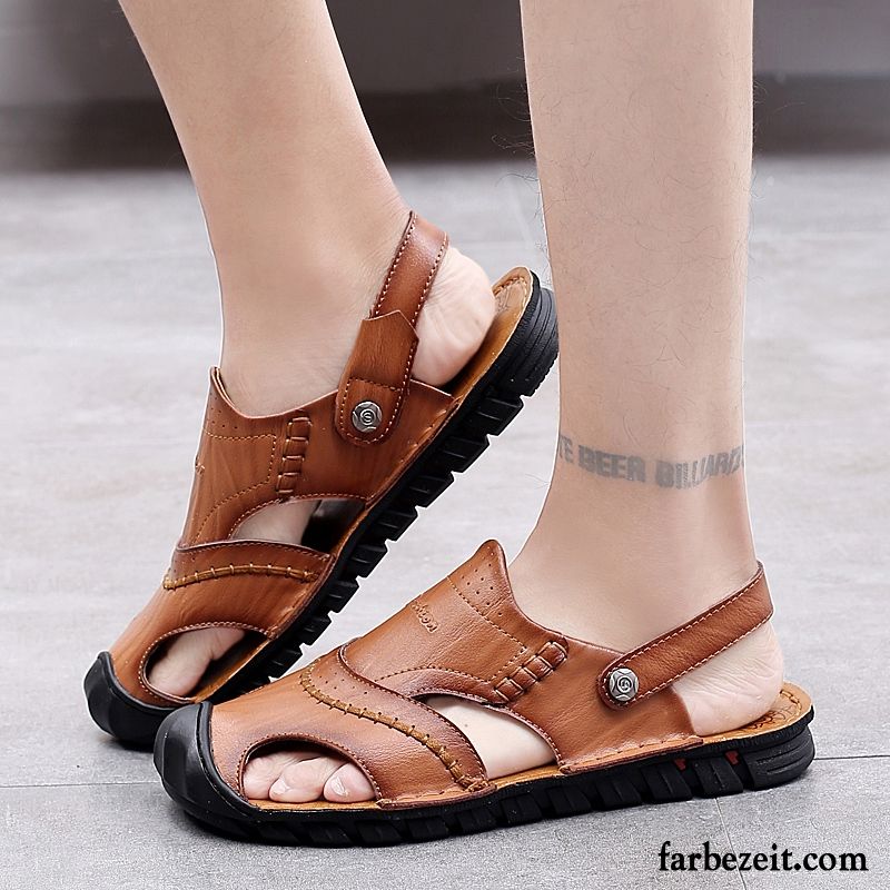 Sandalen Herren Pantolette Persönlichkeit Mode Schuhe Echtleder Trend Sandfarben Braun Gelb