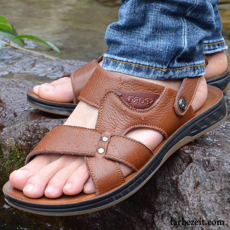 Sandalen Herren Pantolette Sommer Neue Rutschsicher Lederschue Casual Sandfarben Braun