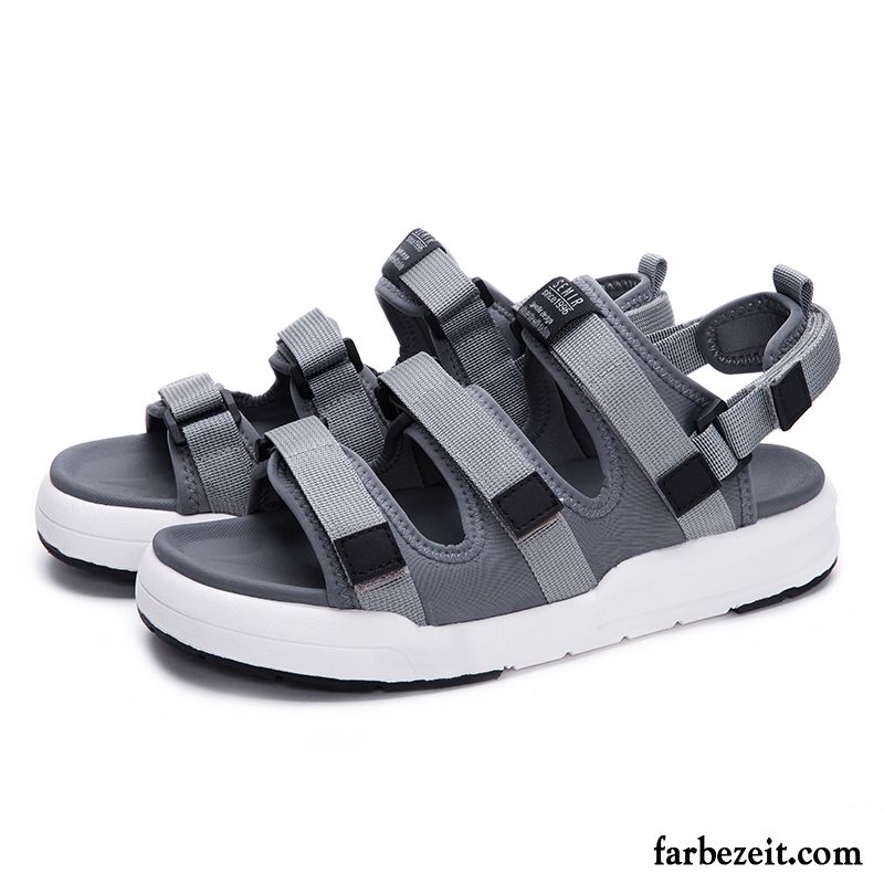 Sandalen Herren Schuhe Klettverschluss Trend Pantolette Sandfarben Grau