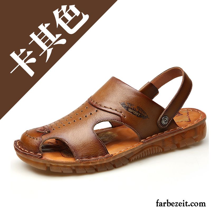 Sandalen Herren Weiche Sohle Schuhe Neue Echtleder Rutschsicher Trend Sandfarben Braun