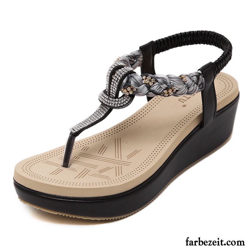 Sandaletten Silber Kleiner Absatz Keilschuhe Sandalen Sommer Nationalen Stil Dicke Sohle Weiche Sohle Mode Strand Damen Strasssteine Gemütlich