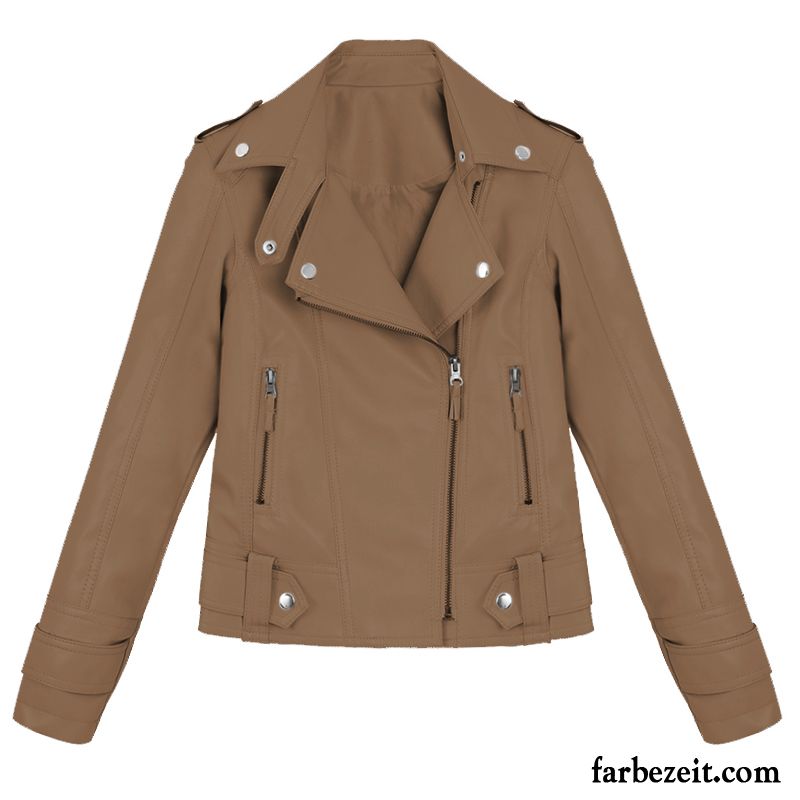 Schicke Lederjacke Damen Lange Ärmel Schwarz Überzieher Schlank Jacke Herbst Lederjacke Neu Kurzer Absatz Sale