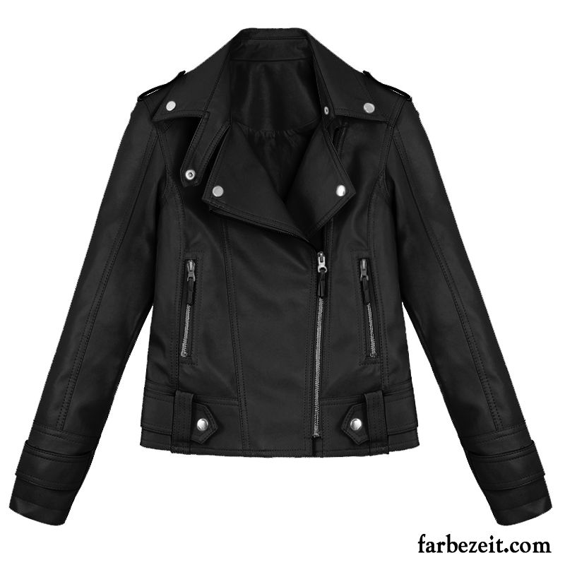 Schicke Lederjacke Damen Lange Ärmel Schwarz Überzieher Schlank Jacke Herbst Lederjacke Neu Kurzer Absatz Sale