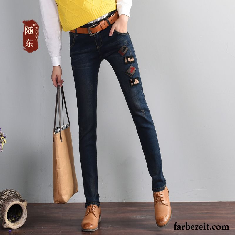 Schlagjeans Damen Herbst Jeans Dünn Elastisch Stickerei Schüler Bleistift Hose Winter Trend