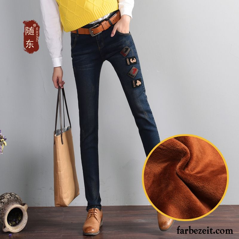 Schlagjeans Damen Herbst Jeans Dünn Elastisch Stickerei Schüler Bleistift Hose Winter Trend