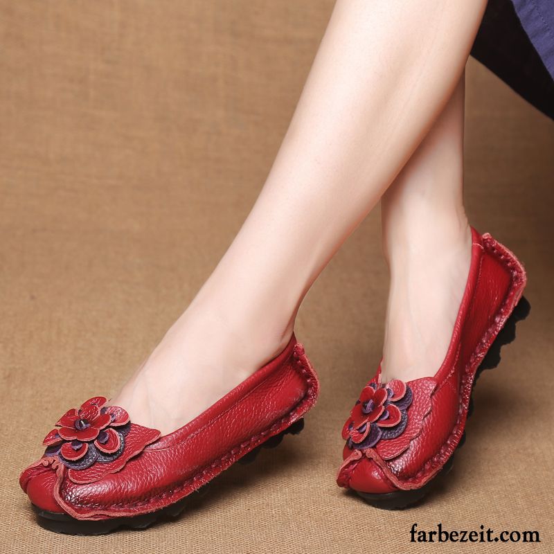 Schnürschuhe Damen Elegant Flache Weiche Sohle Halbschuhe Rot Gemütlich Echtleder Casual Feder Schnürschuhe Günstig