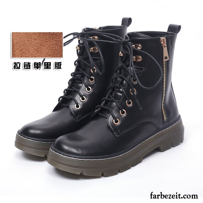 Schnürstiefel Damen Braun Neue Dick Plus Samt Martin Stiehlt Schnürung Langschaft Winter England Flache Verkaufen