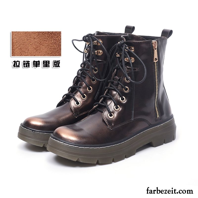 Schnürstiefel Damen Braun Neue Dick Plus Samt Martin Stiehlt Schnürung Langschaft Winter England Flache Verkaufen