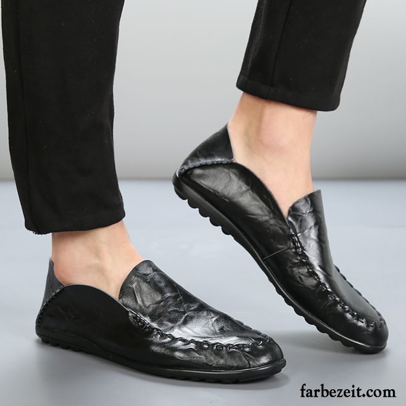 Schuhe Herren Schwarz Jugend Neue Slip-on Allgleiches Casual Runde Zehe Lederschue Schuhe Echtleder Faul Günstig