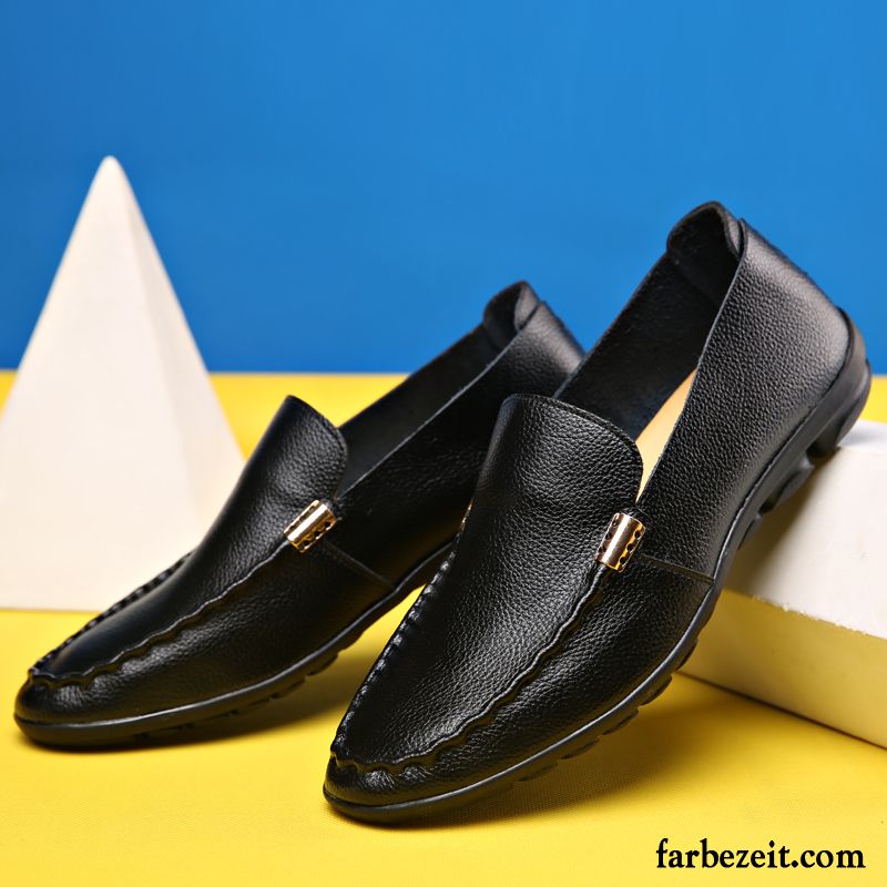 Schuhe Herren Schwarz Jugend Neue Slip-on Allgleiches Casual Runde Zehe Lederschue Schuhe Echtleder Faul Günstig