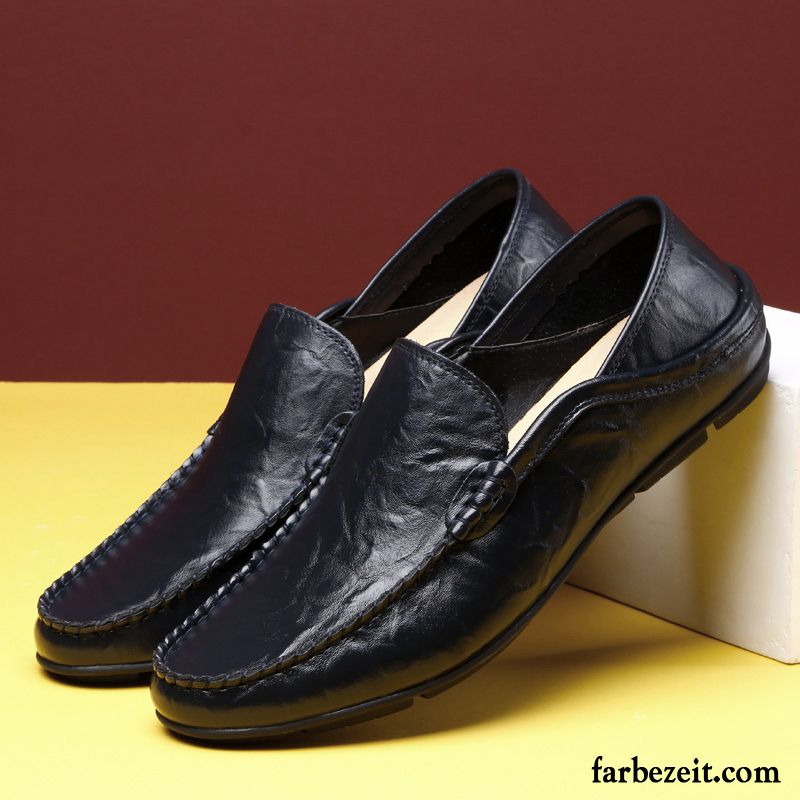 Schuhe Herren Schwarz Jugend Neue Slip-on Allgleiches Casual Runde Zehe Lederschue Schuhe Echtleder Faul Günstig