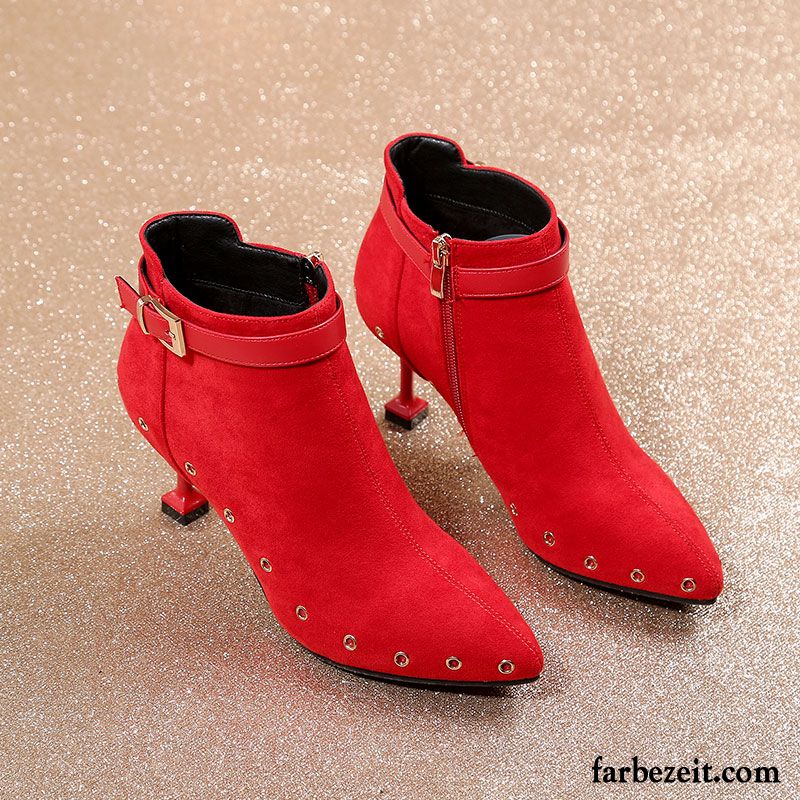 Schwarze Lederstiefel Damen Neue Schuhe Spitze Stiefel Herbst Dünne Fersen Rot Allgleiches Winter Pumps Billig