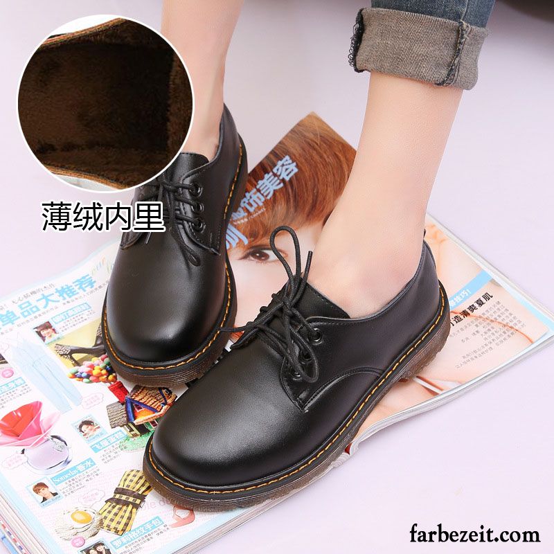 Schwarzer Anzug Schuhe Retro Damen Winter Casual Schnürschuhe Lederschuhe Feder Plus Samt Schüler Herbst England Oxford Runde Zehe Schwarz Flache Kaufen