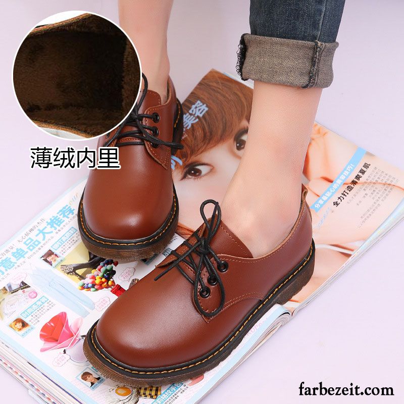 Schwarzer Anzug Schuhe Retro Damen Winter Casual Schnürschuhe Lederschuhe Feder Plus Samt Schüler Herbst England Oxford Runde Zehe Schwarz Flache Kaufen