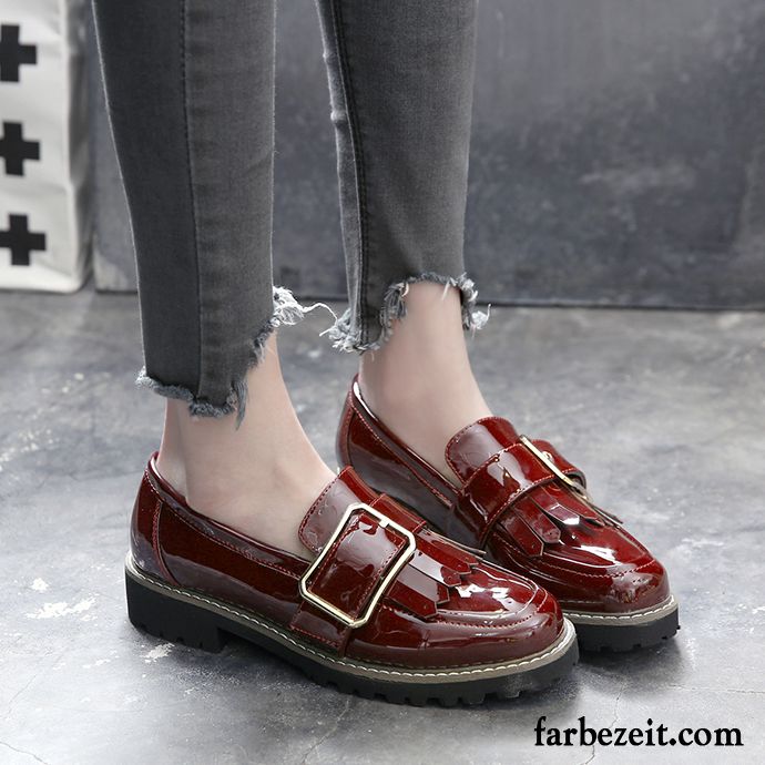 Schöne Schuhe Damen Retro Schnürschuhe Dicke Sohle England Herbst Flache Quaste Feder Neue Lackleder Lederschuhe Halbschuhe Günstig