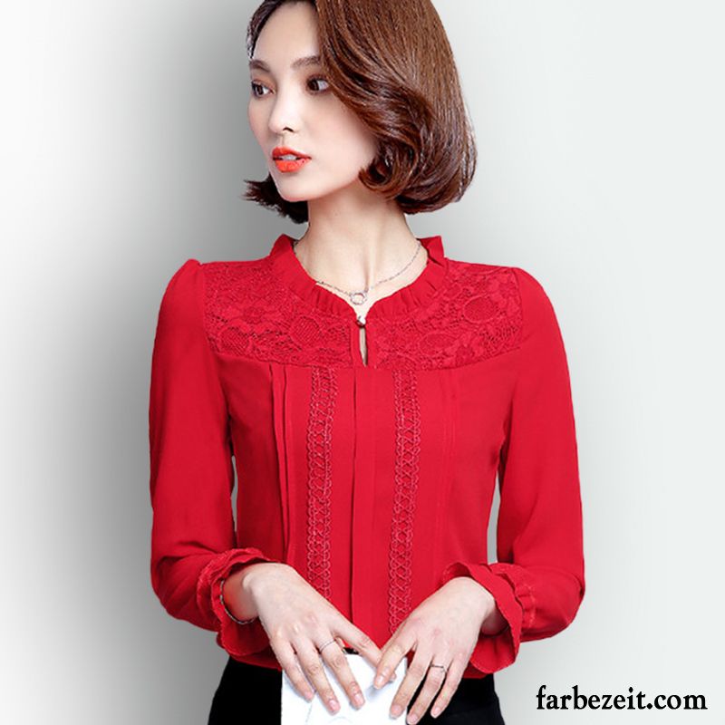 Shirt Bluse Damen Mantel Blusen Allgleiches Spitze Rote Lange Ärmel Chiffon Stehkragen Lose Neu Dünn Herbst Unteres Hemd Günstig