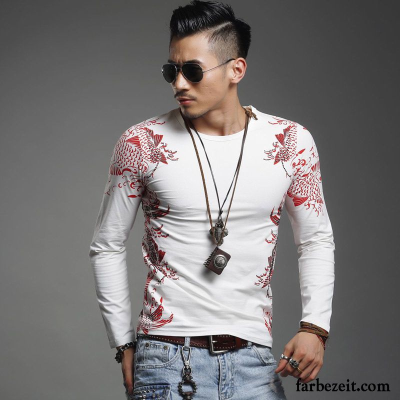 Shirts Ausschnitt Herren T-shirts Sport Lange Ärmel Allgleiches Chinesischer Stil Unteres Hemd Drucken Schlank Mode Rabatt