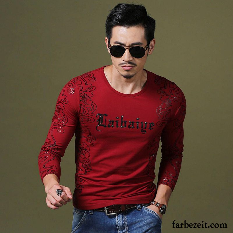 Shirts Ausschnitt Herren T-shirts Sport Lange Ärmel Allgleiches Chinesischer Stil Unteres Hemd Drucken Schlank Mode Rabatt