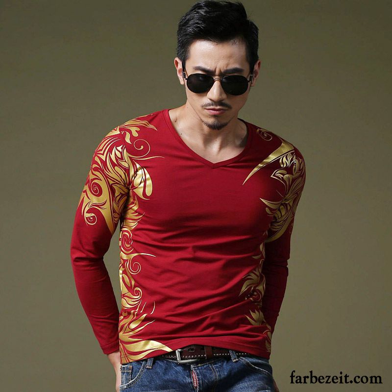 Shirts Ausschnitt Herren T-shirts Sport Lange Ärmel Allgleiches Chinesischer Stil Unteres Hemd Drucken Schlank Mode Rabatt
