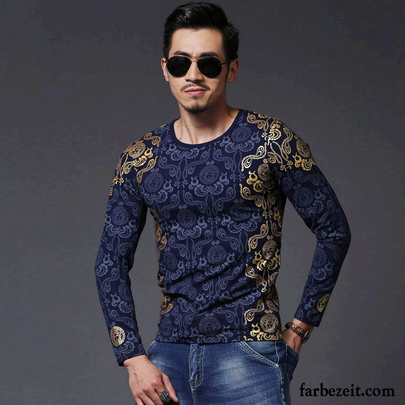 Shirts Ausschnitt Herren T-shirts Sport Lange Ärmel Allgleiches Chinesischer Stil Unteres Hemd Drucken Schlank Mode Rabatt