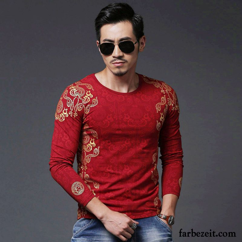 Shirts Ausschnitt Herren T-shirts Sport Lange Ärmel Allgleiches Chinesischer Stil Unteres Hemd Drucken Schlank Mode Rabatt