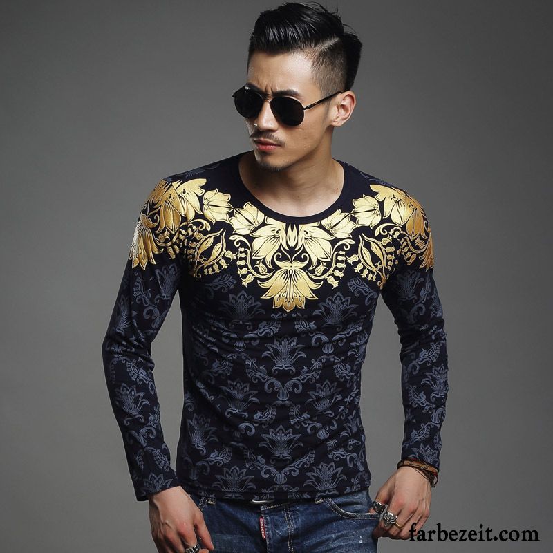 Shirts Ausschnitt Herren T-shirts Sport Lange Ärmel Allgleiches Chinesischer Stil Unteres Hemd Drucken Schlank Mode Rabatt