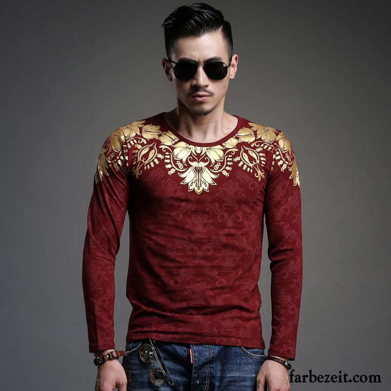 Shirts Ausschnitt Herren T-shirts Sport Lange Ärmel Allgleiches Chinesischer Stil Unteres Hemd Drucken Schlank Mode Rabatt