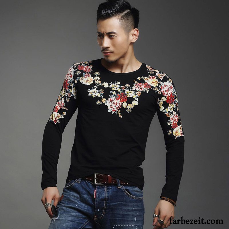 Shirts Ausschnitt Herren T-shirts Sport Lange Ärmel Allgleiches Chinesischer Stil Unteres Hemd Drucken Schlank Mode Rabatt