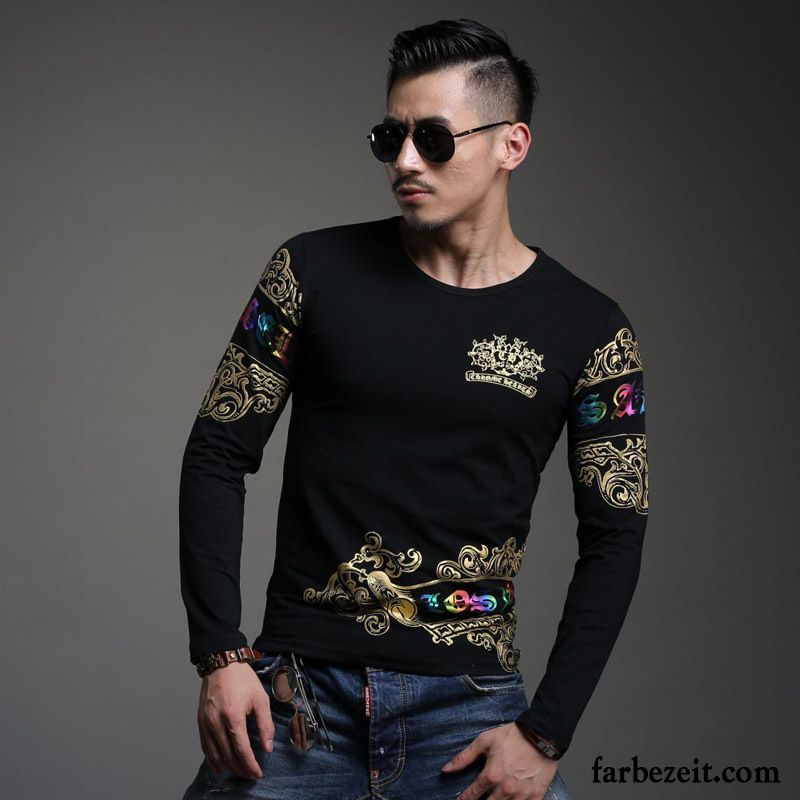 Shirts Ausschnitt Herren T-shirts Sport Lange Ärmel Allgleiches Chinesischer Stil Unteres Hemd Drucken Schlank Mode Rabatt